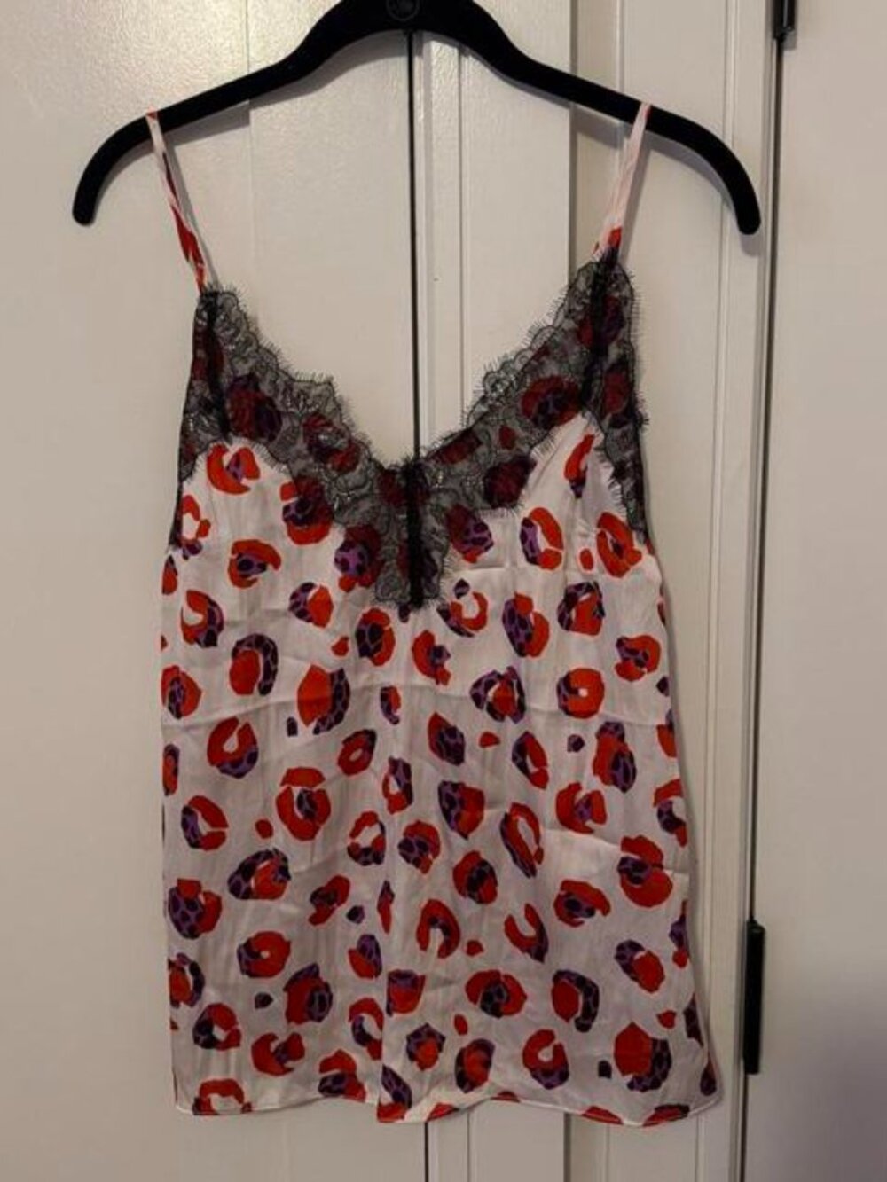 Red and purple leopard print cami top with lace trim